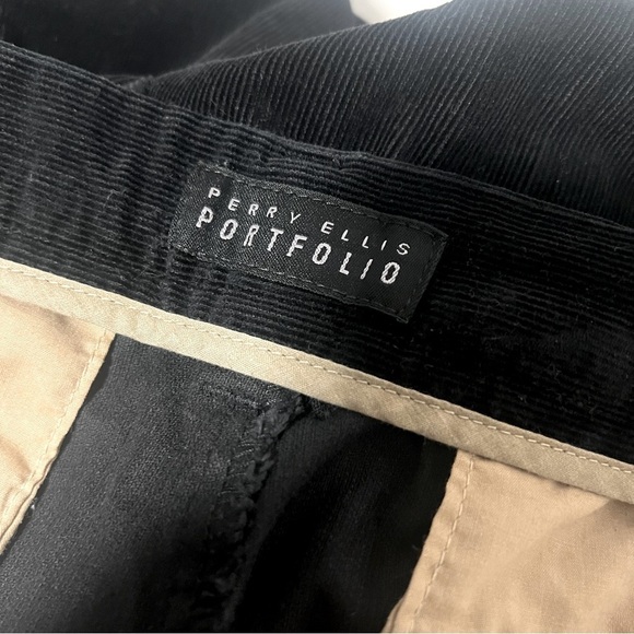 Perry Ellis Portfolio Men’s Size 34/30 Black Corduroy Pleated Cuffed Hem Pants - Picture 9 of 12
